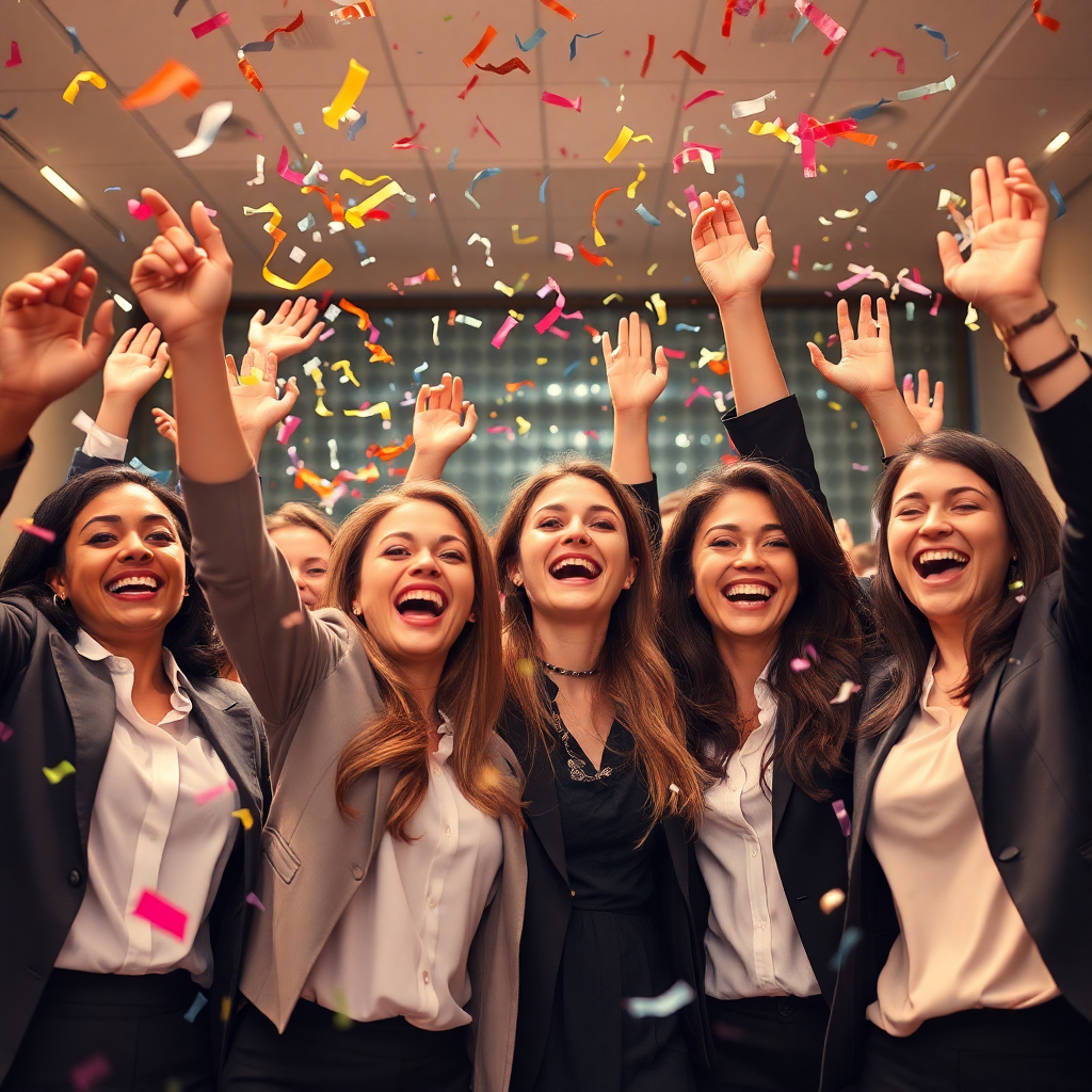 business people celebrating success, confetti falling, vibrant celebration