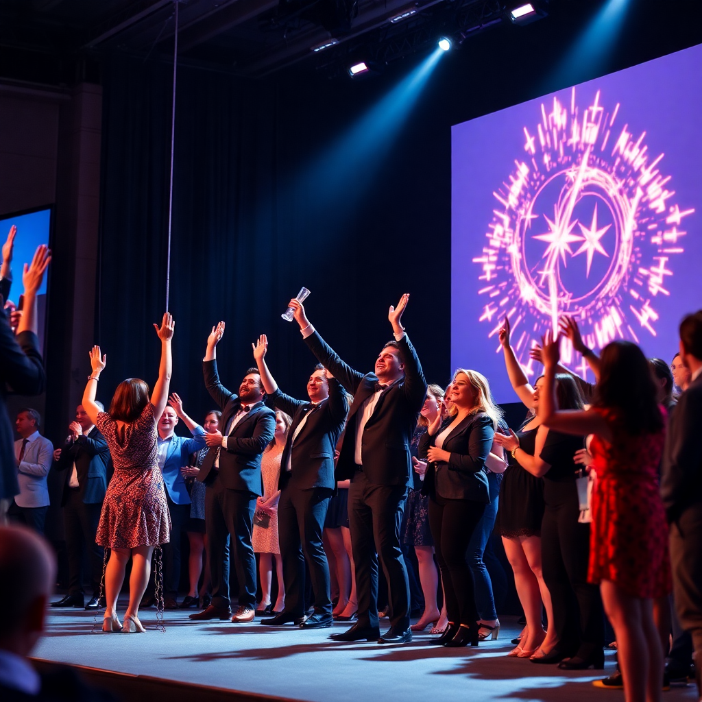 people celebrating success on stage, awards ceremony