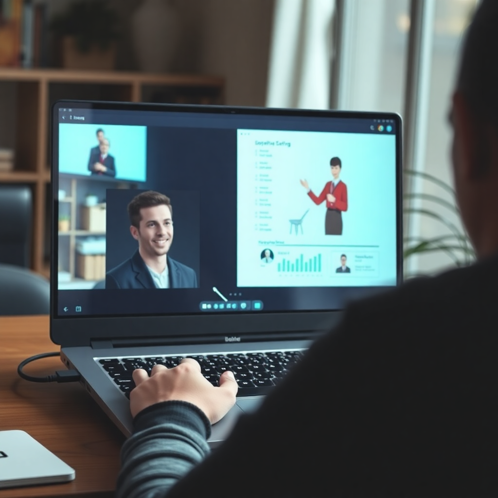 person watching online training on laptop, focused learning environment