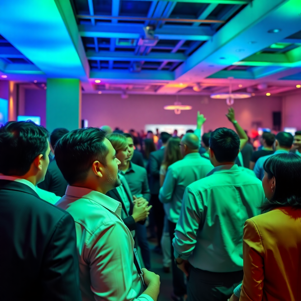 people networking at a conference, business professionals celebrating success, vibrant blue and green lighting, dynamic and energetic atmosphere